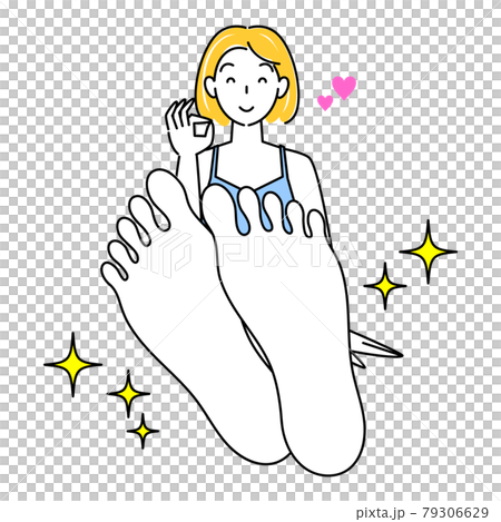 Skin care A cute woman who is happy to get rid of skin problems on the soles of her feet. Illustration vector of the soles of her feet. 79306629