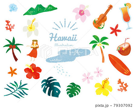 オシャレで可愛い夏モチーフのイラスト 手書き トロピカル アロハ ハワイ 旅行 フラダンス ウクレレのイラスト素材