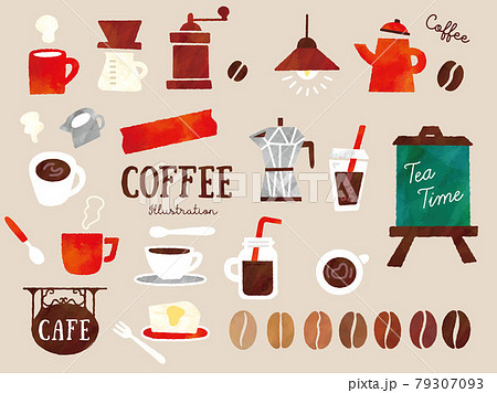 オシャレで可愛いコーヒーモチーフの水彩イラスト(手書き、カフェ、ポッド、コーヒー豆、コップ、ケーキ) 79307093