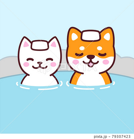 Cute Cartoon Cat And Dog In Japanese Onsenのイラスト素材