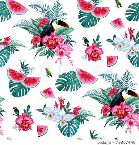 Seamless pattern with tropical flowers and birds Seamless pattern with tropical flowers and birds 79307449