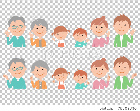 六人家族 横並び 上半身 Okポーズと指差しポーズのイラスト素材