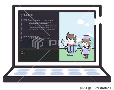 ゲームをプログラミングするパソコン画面のイメージイラストのイラスト素材