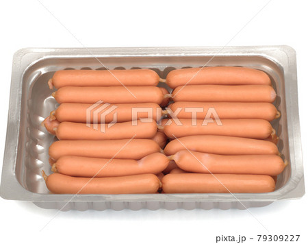 Fresh sausages isolated on white background, top view. Fresh sausages isolated on white background, top view. 79309227