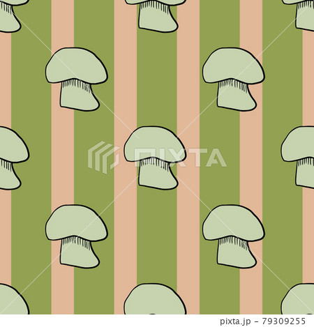 Green outline champignon silhouettes seamless pattern. Green and pink striped background. 79309255