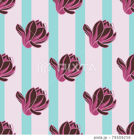 Purple colored seamless pattern with botany magnolia flower shapes. Blue and pink striped background. Purple colored seamless pattern with botany magnolia flower shapes. Blue and pink striped background. 79309256
