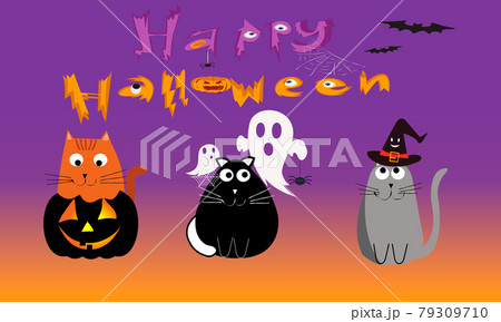 Happy Halloween banner or party invitation background with cats pumpkin haunted spider hat. Halloween attributes. Holiday greeting card.Vector illustration. Full moon in the sky, spider webs and bats. Happy Halloween banner or party invitation background with cats pumpkin haunted spider hat. Halloween attributes. Holiday greeting card.Vector illustration. Full moon in the sky, spider webs and bats. 79309710