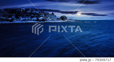 old resort town at night. beautiful scenery at the sea in full moon light 79309717