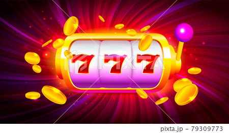 Slot Machine with Icons and Coins on Colorful Background. Online Casino Banner Illustration 79309773