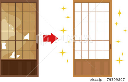 イラスト素材 汚れて破れた障子 障子戸の張り替え 補修 日本の建築 ベクターのイラスト素材