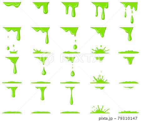 Slime animation. Dripping green cartoon drops and splash, halloween liquid toxic slime blobs vector illustration set. Green slime animation 79310147