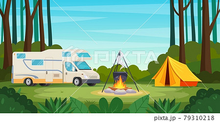 Summer camp in forest with bonfire, tent, backpack 79310218