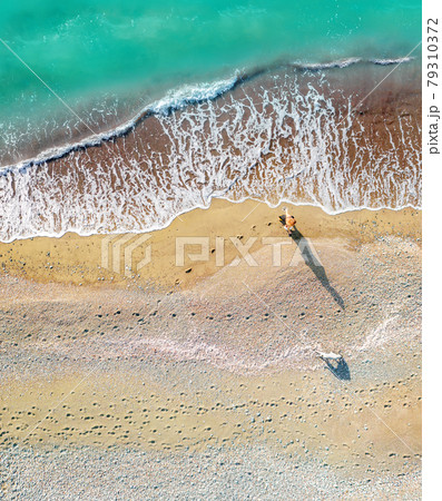 A woman and a dog walking along the sea shore leaving footprints on sand, aerial vertical shot 79310372