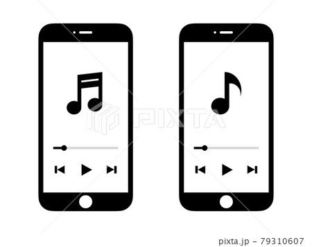 音楽アプリ スマートフォン再生画面イメージモノクロアイコンセットのイラスト素材