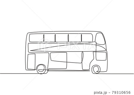 Single continuous line drawing double decker buses that are seen from the side, serve tourists to go around the city enjoying their holidays. Dynamic one line draw graphic design vector illustration. 79310656