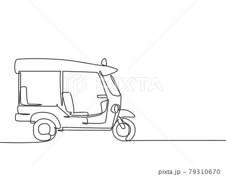 Single one line drawing of Thai tuk tuk seen from the side serving foreign passengers who are traveling in Thailand. Become a tourism icon. Continuous line draw design graphic vector illustration. Single one line drawing of Thai tuk tuk seen from the side serving foreign passengers who are traveling in Thailand. Become a tourism icon. Continuous line draw design graphic vector illustration. 79310670