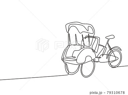 Single one line drawing pedicab with three wheels and passenger seat at the front and driver control at the rear are often found in Indonesia. Continuous line draw design graphic vector illustration. Single one line drawing pedicab with three wheels and passenger seat at the front and driver control at the rear are often found in Indonesia. Continuous line draw design graphic vector illustration. 79310678