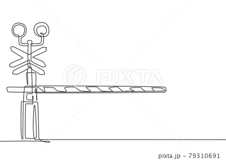 Continuous one line drawing a railway barrier with stripes, signs, and warning lights closes railroad crossings to prevent vehicles from entering. Single line draw design vector graphic illustration. 79310691