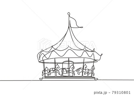 Continuous one line drawing horse carousel in an amusement park spinning under a large tent with a flag on it. Recreation that children love. Single line drawing design vector graphic illustration 79310801