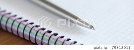 Metal ballpoint pen lying on blank notebook closeup Metal ballpoint pen lying on blank notebook closeup 79312011