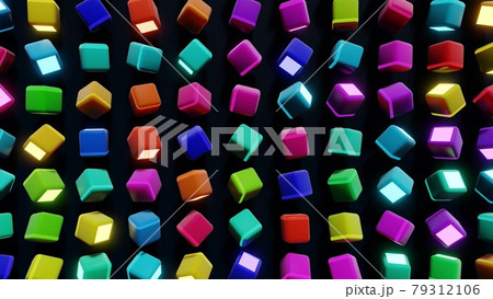 3d render. Dark background with abstract blocks on plane like devices with screen lighting with multicolor neon light. 3d render. Dark background with abstract blocks on plane like devices with screen lighting with multicolor neon light. 79312106
