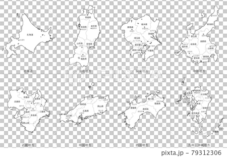 白地図-日本-地方区分セット-県名・県庁所在地入り 79312306