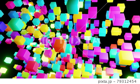 3d abstract simple geometric background with multicolor cubes flash neon light. Cubes fly in the air. Creative simple motion design background with 3d objects. 3d render 79312454