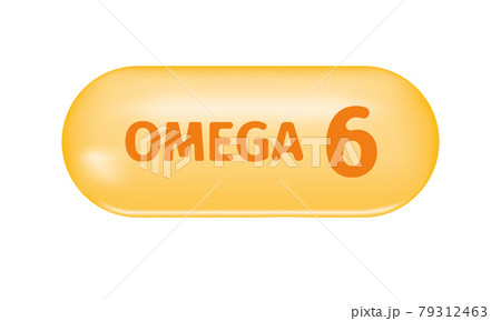 Golden glossy capsule with text Omega 6. Pill of fish oil, polyunsaturated fatty acid. Healthcare and beauty food supplement. Vector realistic illustration Golden glossy capsule with text Omega 6. Pill of fish oil, polyunsaturated fatty acid. Healthcare and beauty food supplement. Vector realistic illustration 79312463