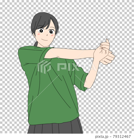 一個女人伸展她的右肩 一個女人伸展她的右肩 79312467