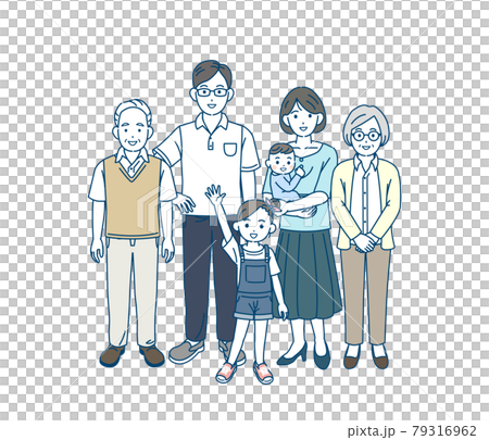 三世代家族　親子　家族の集まり　笑顔　元気　全身　イラスト素材 79316962
