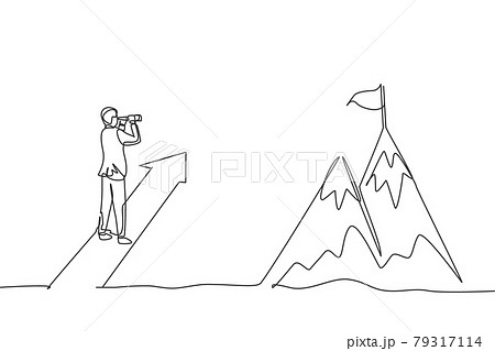 Single one line drawing of young smart business man looking top mountain from up arrow sign. Business financial growth minimal concept. Modern continuous line draw design graphic vector illustration Single one line drawing of young smart business man looking top mountain from up arrow sign. Business financial growth minimal concept. Modern continuous line draw design graphic vector illustration 79317114