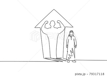 Continuous one line drawing of young Arab businessman standing with muscular shadow on wall. Successful athlete body transform minimalist concept. Single line draw design vector graphic illustration Continuous one line drawing of young Arab businessman standing with muscular shadow on wall. Successful athlete body transform minimalist concept. Single line draw design vector graphic illustration 79317118