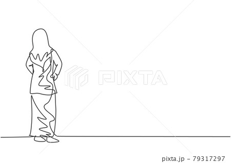 Single continuous line drawing of young beauty Arabian female manager looking back, rear view. Professional businesswoman. Minimalism concept dynamic one line draw graphic design vector illustration Single continuous line drawing of young beauty Arabian female manager looking back, rear view. Professional businesswoman. Minimalism concept dynamic one line draw graphic design vector illustration 79317297