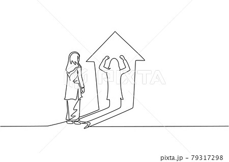 Single one line drawing young smart Arab business woman facing her muscular shadow on up arrow symbol. Business growth minimal concept. Modern continuous line draw design graphic vector illustration Single one line drawing young smart Arab business woman facing her muscular shadow on up arrow symbol. Business growth minimal concept. Modern continuous line draw design graphic vector illustration 79317298