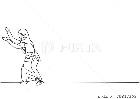 Single one line drawing young smart Arab business woman pushing the wall to protect her position, metaphor. Business growth minimal concept. Continuous line draw design graphic vector illustration 79317305