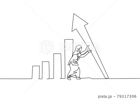 Single one line drawing of young smart Arab business woman erecting the arrow symbol up. Business financial growth minimal concept. Modern continuous line draw design graphic vector illustration 79317306