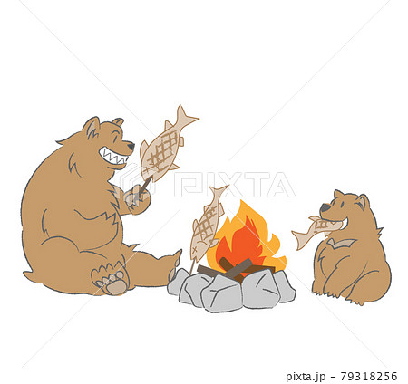 焚き火で魚を焼くクマの親子のイラスト素材