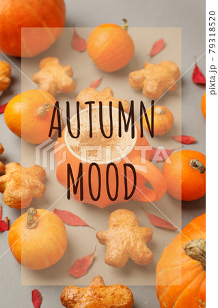 AUTUMN MOOD Pumpkin Spice Latte. Cup of Latte with Seasonal Autumn Spices, Cookies and Fall Decor from fresh orange pumpkins on gray background. Traditional Coffee Drink for Autumn Holidays AUTUMN MOOD Pumpkin Spice Latte. Cup of Latte with Seasonal Autumn Spices, Cookies and Fall Decor from fresh orange pumpkins on gray background. Traditional Coffee Drink for Autumn Holidays 79318520
