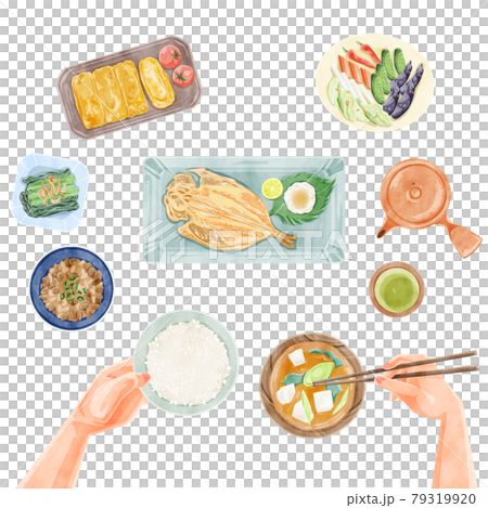 日式早餐（日本料理）手繪水彩風格插畫 79319920