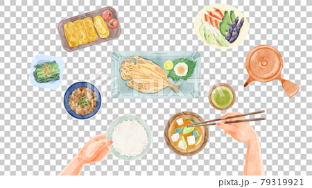 日本の朝食（和食）手描き水彩風イラスト 79319921