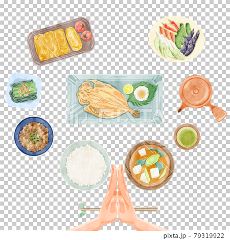 日本の朝食（和食）手描き水彩風イラスト 79319922