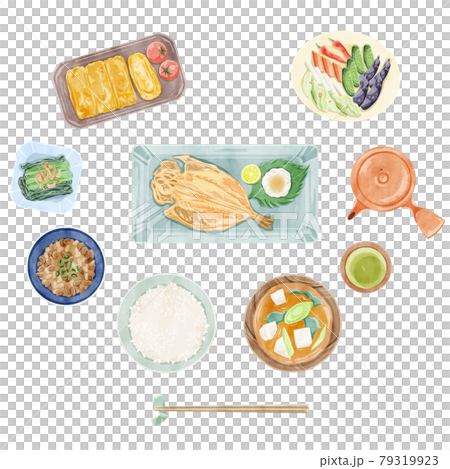 日本の朝食（和食）手描き水彩風イラスト 79319923