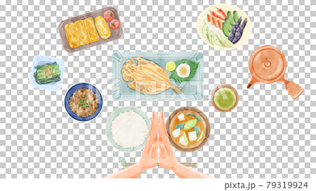 日本の朝食（和食）手描き水彩風イラスト 79319924