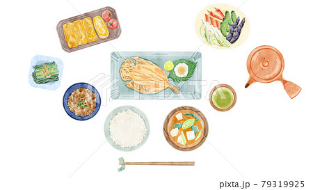 日本の朝食(和食)手描き水彩風イラスト 日本の朝食(和食)手描き水彩風イラスト 79319925