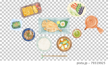 日本の朝食(和食)手描き水彩風イラスト 日本の朝食(和食)手描き水彩風イラスト 79319925