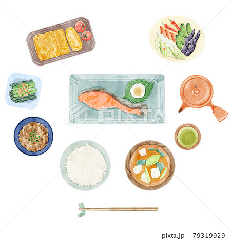 日本の朝食 和食 手描き水彩風イラストのイラスト素材