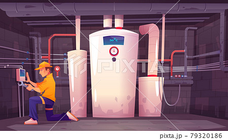 Home Basement With Plumber Boiler And Pipesのイラスト素材
