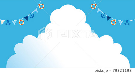 夏のイメージの縦型バナー素材 背景イラスト 青空と白い雲と夏のガーランド三角旗のイラスト素材