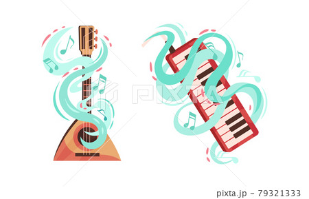 Musical Instruments with Keyboard and Balalaika Twisted with Decorative Swirling Line and Note Vector Set 79321333