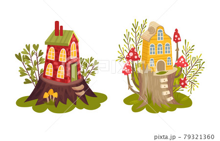 Little Fairy House Rested on Tree Stump with Flora and Foliage Vector Set Little Fairy House Rested on Tree Stump with Flora and Foliage Vector Set 79321360